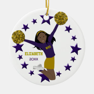 Ornamento De Cerâmica Roxo & ouro do cheerleader do afro-americano