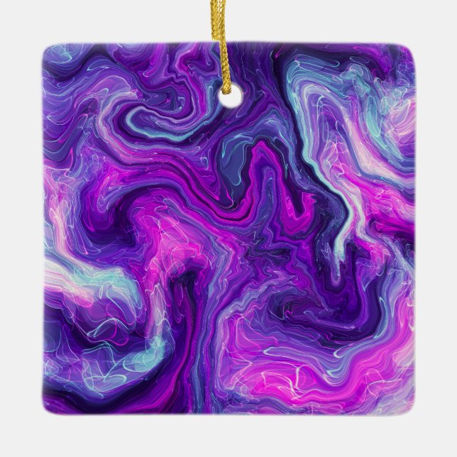 Ornamento De Cerâmica Roxo Personalizado, Azul, Marble Fluid Art Rosa (Frente)