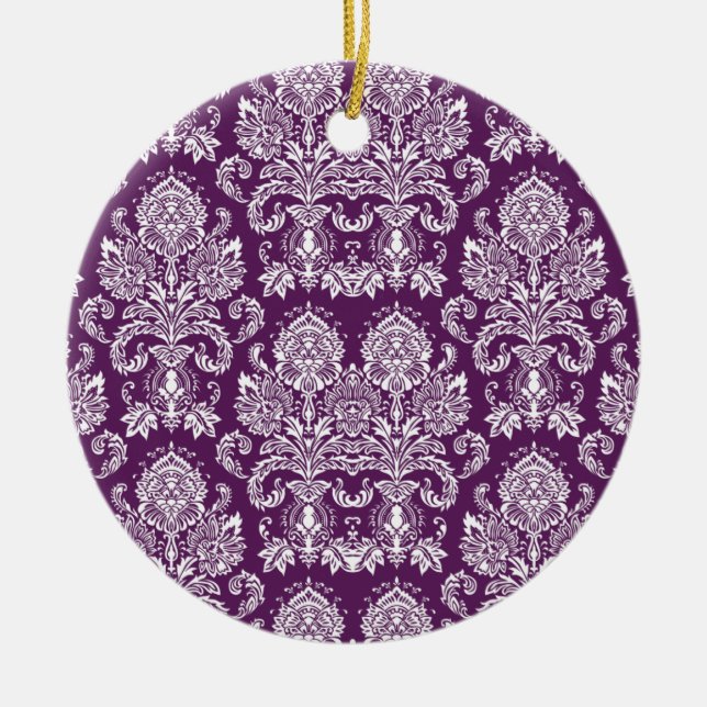 Ornamento De Cerâmica Roxo Victorian Damask (Frente)