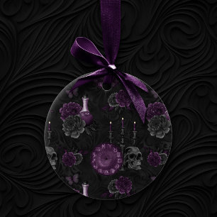 Ornamento De Cerâmica Roxo Zodiac Magic   Rosas de crânio gótico em am