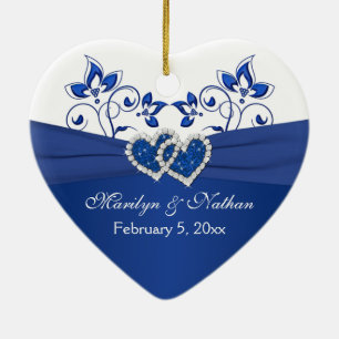 Ornamento De Cerâmica Royal Blue, White Floral Hearts 1rua Natal