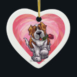 Ornamento De Cerâmica Rua Bernard Dia de os namorados<br><div class="desc">Desfile Animal O Santo Romântico Bernard Dog Personalizado Dog Dons de Coração e Amor, cartas, e acessórios trazidos para você pela Imagine isso! Design apresenta nossa trabalho de arte divertida de uma Rua marrom e branca... com um rosa bonito na boca, com corações roxos, vermelhos e cor-de-rosa atrás pintados digitalmente...</div>