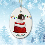Ornamento De Cerâmica Rua Bernard Puppy Dog em Holiday Gift Bag<br><div class="desc">Na frente deste ornamento de Férias está uma imagem de um adorável Santo Bernard cachorrinho em uma bolsa de presente de Natal vermelha e branca. Atrás do cachorro há uma série de luzes coloridas de Feriado. O texto no final diz "Feliz Natal". A parte traseira do ornamento tem a mesma...</div>
