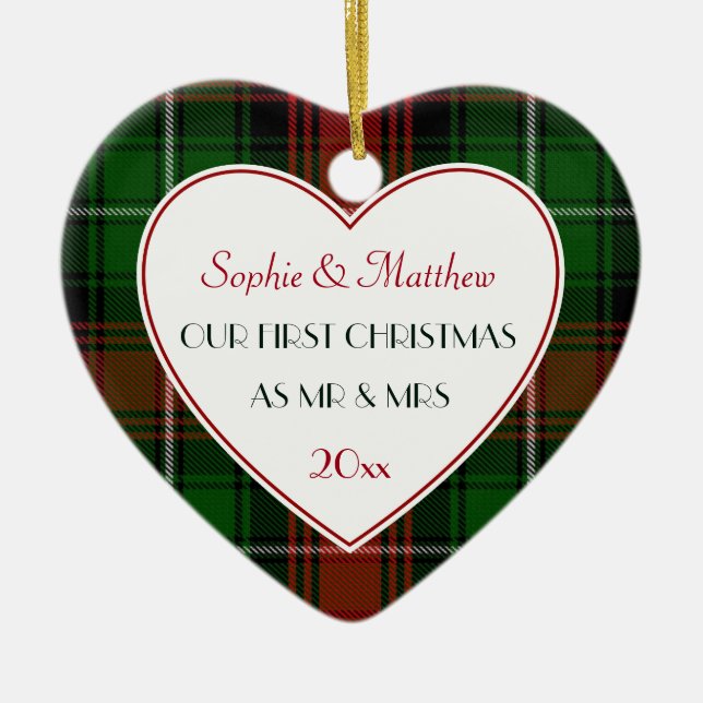 Ornamento De Cerâmica rua de Natal Casado com Presentes-Xadrez Verde Ver (Frente)