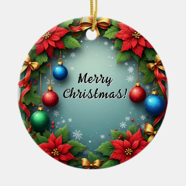 Ornamento De Cerâmica Rua de Natal com Poinsettias (Frente)