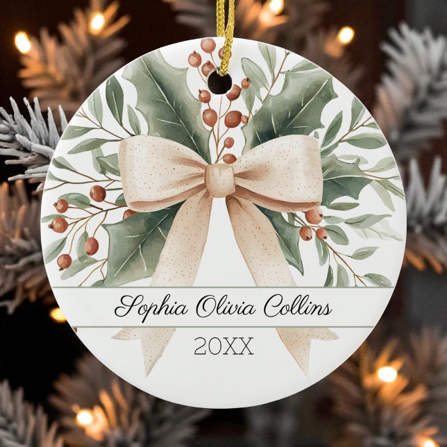 Ornamento De Cerâmica Rua de Natal da Rustic Baby é Arco de bege (Rustic Baby's 1st Christmas Watercolor Beige Bow Ceramic Ornament)