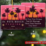 Ornamento De Cerâmica Rua. Pete Beach, Retro Sunset Palm Trees 80s<br><div class="desc">Rua, Pete Beach, Flórida, 60, Souvenirs. Santo Petersburg Beach Florida - Retro Tropical Palm Tree 60s Souvenirs Vintage design faz um excelente de Natal ou presente de aniversário para fãs de Ruas. Pete Beach. A design de vibração do verão é um presente perfeito para amantes de viagem e fãs de...</div>