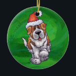 Ornamento De Cerâmica Ruas bonitas, Bernard em Santa Chapéu em Verde<br><div class="desc">Santo Festivo Bernard Dog em Santa Chapéu sobre Presentes e Acessórios de Natal Verdes Texturados trazidos para vocês pela Imagine isso! Design apresenta nossa arte original de uma Rua branca e marrom giro. O cão Bernard decolou para as férias vestindo um chapéu vermelho brilhante de Papai Noel contra um fundo...</div>