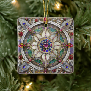 Ornamento De Cerâmica Rubí, Ametista, Safira e Mandala de Pérola