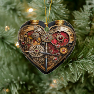 Ornamento De Cerâmica Rubis e Engrenagens Steampunk Coração Sombrio