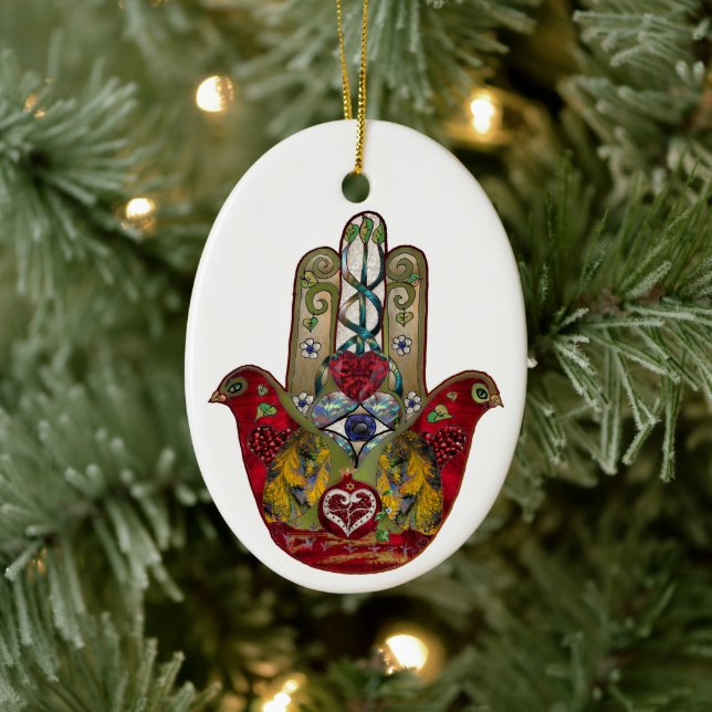 Ornamento De Cerâmica Rubis Romã Coração Vermelho Pássaro Hamsa (Árvore)
