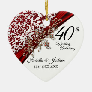 Ornamento De Cerâmica Ruby e White 40th com Aniversário Floral