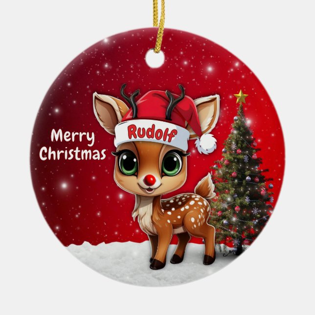 Ornamento De Cerâmica Rudolf Baby Deer, Fawn, Doe, Reindeer🦌 🎄 (Frente)