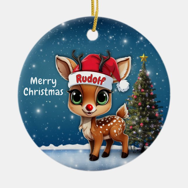 Ornamento De Cerâmica Rudolf Bebê Veado, Corça, Rena🦌 🎄 (Frente)