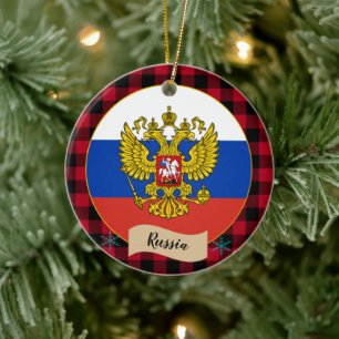 Ornamento De Cerâmica Rússia, xadrez de búfalos Vermelhos e Bandeira Rus