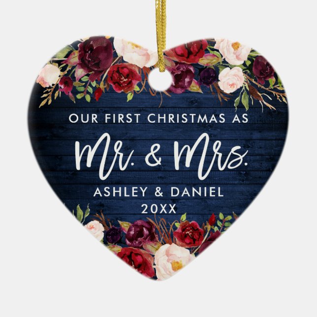 Ornamento De Cerâmica Russo Borgonha Floral Primeiro Natal Azul (Frente)