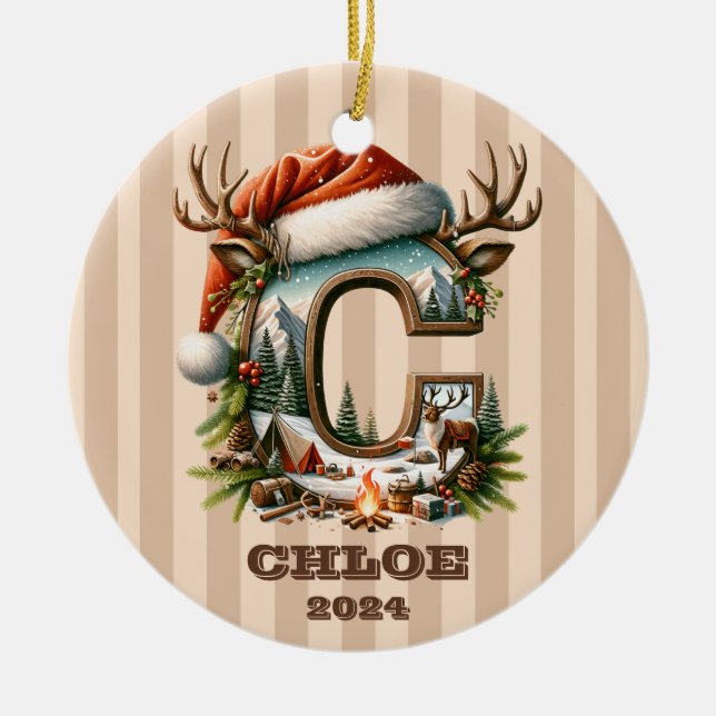 Ornamento De Cerâmica Russo - Letra Aventura C Santa Hat e Campfire (Frente)