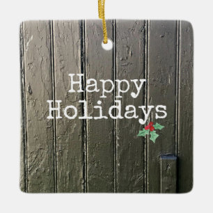 Ornamento De Cerâmica Rustic Barn Door Happy Holidays Holly Pet Photo