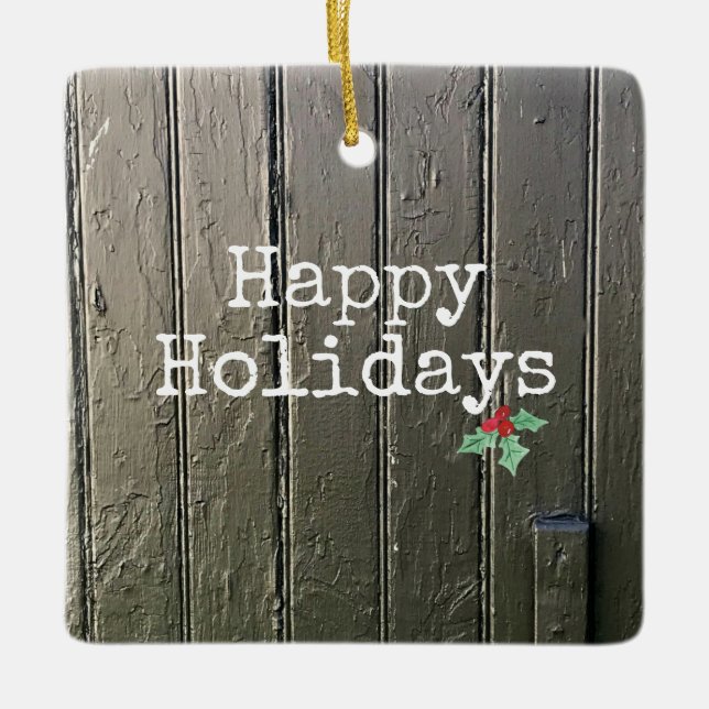 Ornamento De Cerâmica Rustic Barn Door Happy Holidays Holly Pet Photo (Frente)
