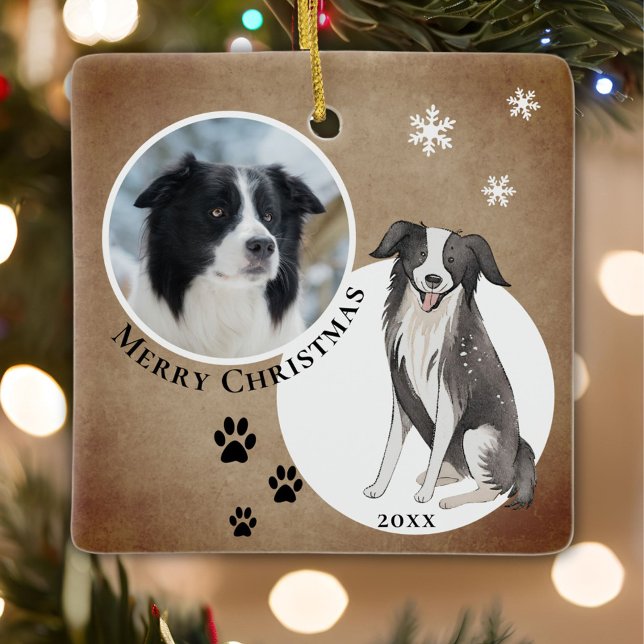 Ornamento De Cerâmica Rustic Border Collie Draw Paw Feliz Natal (Criador carregado)