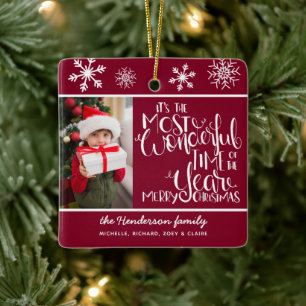 Ornamento De Cerâmica Rustic Burgundy Snowflake Feliz Natal Feliz