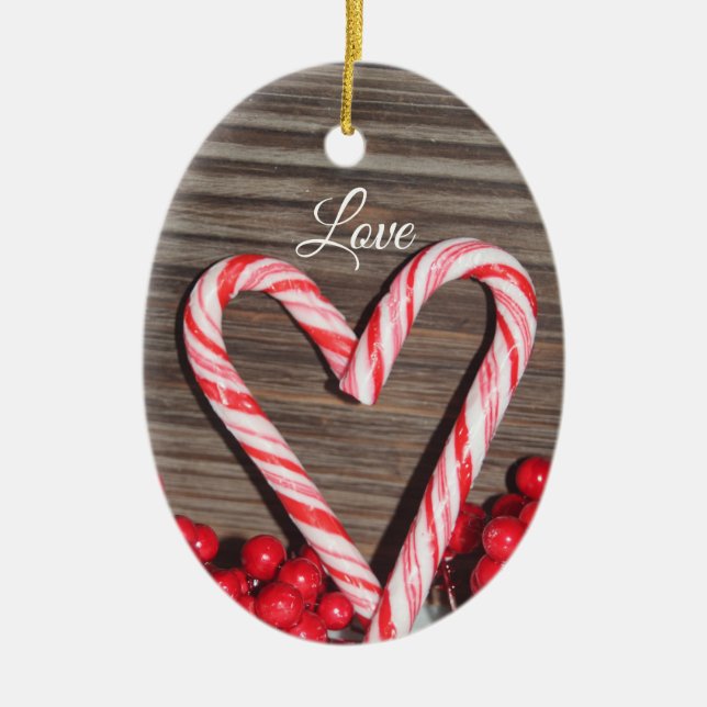 Ornamento De Cerâmica Rustic Candy Cane Heart Love Personalizado (Frente)