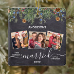 Ornamento De Cerâmica Rustic Casada First Christmas Newlyweds 3 Foto<br><div class="desc">Tenha um pequeno Natal casado! Decorre a árvore ou envie um presente especial com este adorável ornamento personalizado de fotos de casal novo e personalizado. Adicione suas fotos favoritas e personalize com nome e ano. O ornamento é de dupla face, design duplicado de ambos os lados. COPYRIGHT © 2020 Judy...</div>