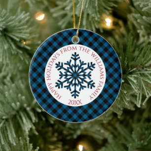 Ornamento De Cerâmica Rustic Classic Blue Tartan Verifica Flocos de neve