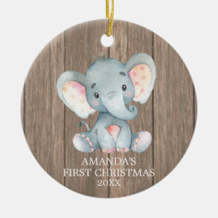 Ornamento De Cerâmica Rustic Cute Elephant Baby First Christmas