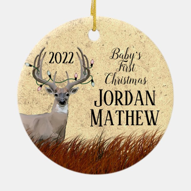 Ornamento De Cerâmica Rustic Deer Primeiro Natal (Traseira)