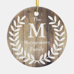 Ornamento De Cerâmica Rustic Farmhouse Wood White Laurels Nome da Famíli