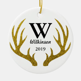 Ornamento De Cerâmica Rustic Faux Dourado Glitter Deer Antlers Nome da F