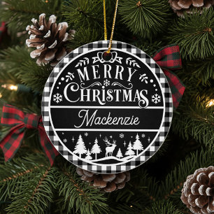 Ornamento De Cerâmica Rustic Felry Natal Black & White Xadrez Personaliz