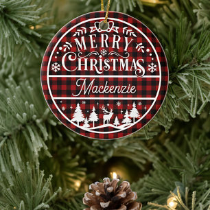 Ornamento De Cerâmica Rustic Felry Natal Red & Black Xadrez Personalizad