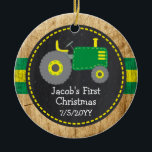 Ornamento De Cerâmica Rustic Green Trator First Christmas Wood Photo<br><div class="desc">Esta design está no nosso tema de trator verde giro em verde e amarelo com fundo de madeira. Clique no botão personalizar para obter mais flexibilidade na modificação do texto! Variações deste design, cores adicionais, além de coordenar produtos estão disponíveis em nosso compro, zazzle.com/store/doodlelulu. Entre em contato conosco se precisar...</div>