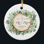 Ornamento De Cerâmica Rustic Greenery Primeiro Natal como Sr. e Sra.<br><div class="desc">Este Enfeites de natal de inspiração botânica apresenta uma bela ilustração de aquarela de verde-luxuoso. Os campos de texto são totalmente editáveis.</div>