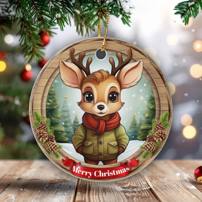 Ornamento De Cerâmica Rustic Holiday Character Xmas Reindeer Gift 🦌🎄 (Customizable Rustic holiday character xmas reindeer, name gift for anyone, Ceramic Ornament! 🦌🎄)