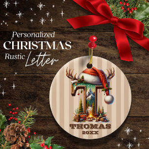 Ornamento De Cerâmica Rustic Holiday Inicial T Personalizável