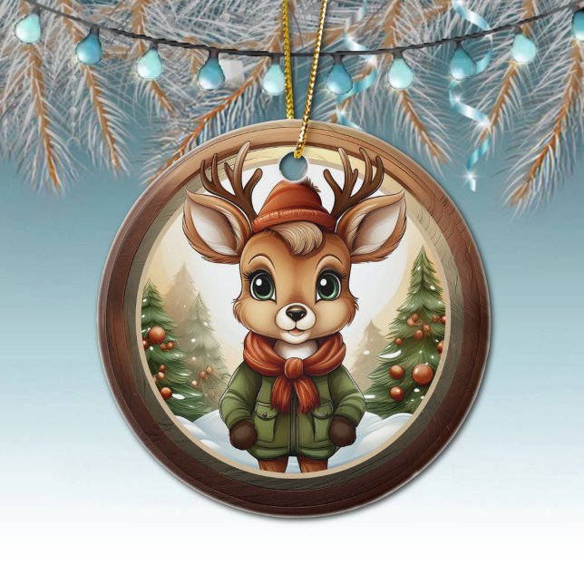 Ornamento De Cerâmica Rustic Holiday Reindeer, Xmas Deer, Christmas 🦌🎄 (Xmas Reindeer Character Decoration, Christmas Doe Antlers Ceramic Ornament, Deer Decor, Doe 🦌🎄)