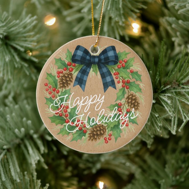 Ornamento De Cerâmica Rustic Holly Wreath Blue Arco Checkered Black (Árvore)