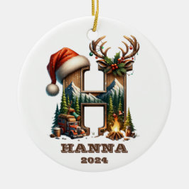 Ornamento De Cerâmica Rustic - Letra H com Cena de Montanha Festiva