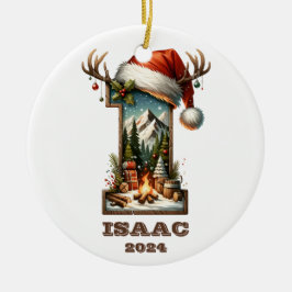 Ornamento De Cerâmica Rustic - Letra I com Santa Hat e cena de inverno