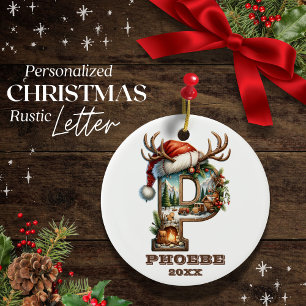 Ornamento De Cerâmica Rustic - Letra P com Cena de inverno Festiva