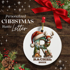 Ornamento De Cerâmica Rustic - Letra R Reindeer de Natal Personalizável
