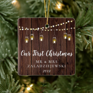 Ornamento De Cerâmica Rustic Mason Jar Luta Nosso Primeiro Natal