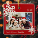 Ornamento De Cerâmica Rustic Modern Photo DIY Snowflake Family Name<br><div class="desc">Enfeite fotográfico bonito com flocos de neve modernos e rústicos com recorte de papel e seu próprio nome familiar e ano personalizados. Na parte de trás está outro floco de neve cortado com papel Krafty em vermelho de férias.</div>