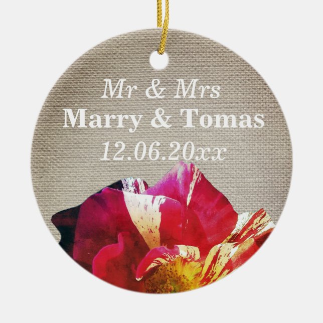 Ornamento De Cerâmica Rustic Mr & Mrs Salve a data Ornament (Frente)