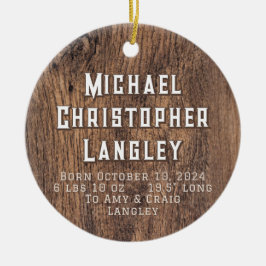 Ornamento De Cerâmica Rustic Natural Wood Country Birth Details Holiday
