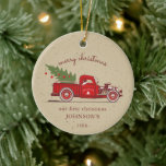 Ornamento De Cerâmica Rustic Our First Christmas Red Truck Name Foto<br><div class="desc">Guarde o seu primeiro Natal como recém-casados. Um caminhão vermelho rústico carregando uma árvore de Natal com a escrita e a tipografia clássica. Adicione sua foto,  nome e data favoritos. Você ou um recém-casado amará este tipo de ornamento design.</div>