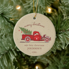 Ornamento De Cerâmica Rustic Our First Christmas Red Truck Name Foto